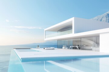 Obraz premium Modern White House With Infinity Pool Overlooking Ocean and Mountains