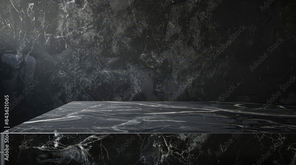 Poster empty black marble table countertop on dark background product display mockup
