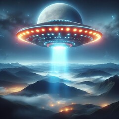 image of an illuminated UFO spaceship hovering over a mountainous landscape 