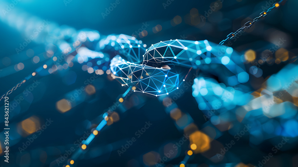 Poster a closeup of glowing chain link symbolizes how blockchain technology can connect people in an abstra