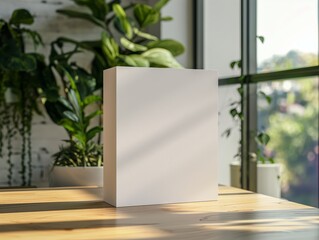 Close-up of a blank white cereal box mockup on a kitchen table