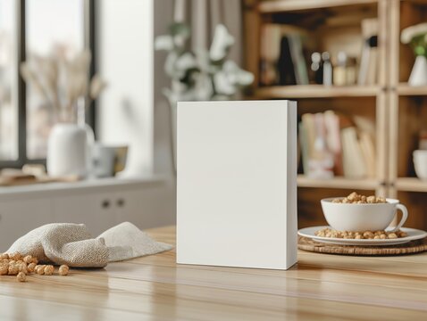 Close-up of a blank white cereal box mockup on a kitchen table
