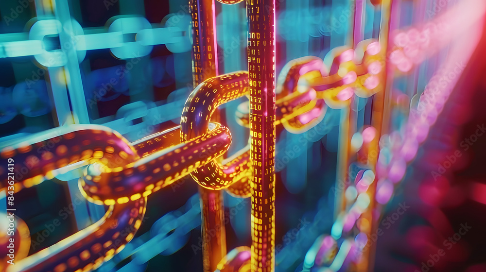 Poster a closeup of glowing chain link symbolizes how blockchain technology can connect people in an abstra