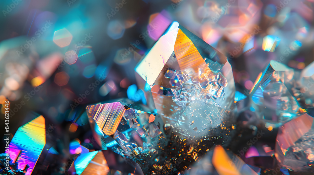 Poster a closeup of iridescent crystal shapes. each reflecting different colors and patterns