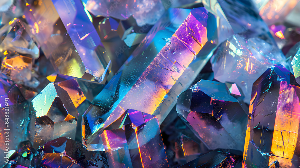 Poster a closeup of iridescent crystal shapes. each reflecting different colors and patterns