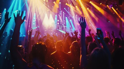 energetic crowd dancing at nightclub colorful lights illuminating dj festival party atmosphere