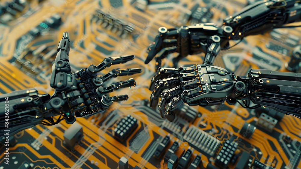 Poster a closeup of two robotic arms reaching towards each other on top of an intricate circuit board