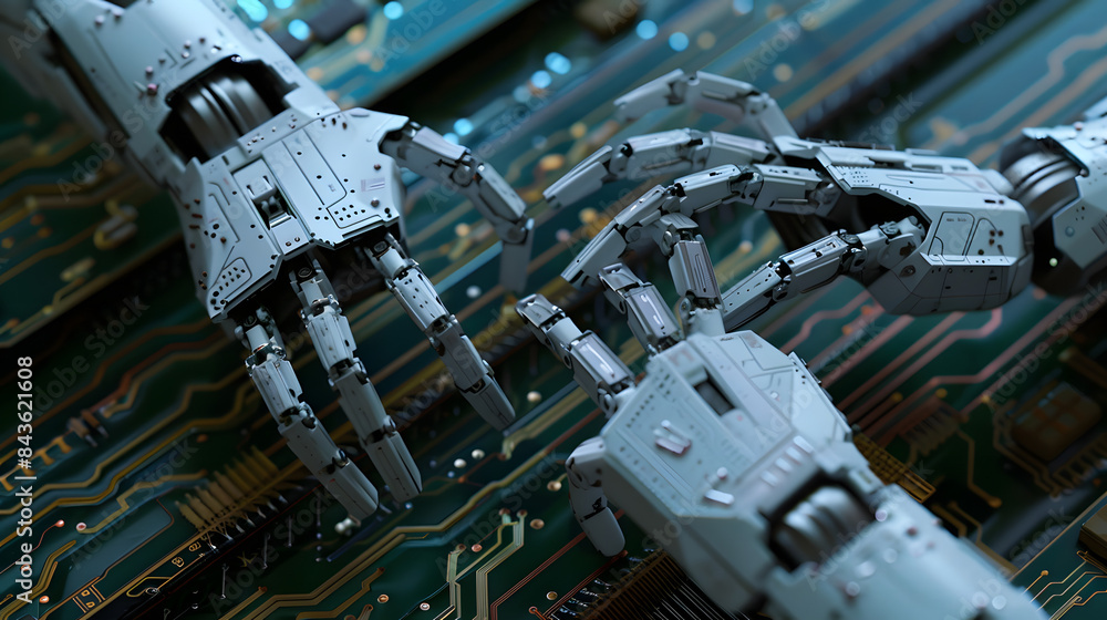 Poster a closeup of two robotic arms reaching towards each other on top of an intricate circuit board