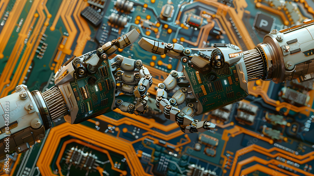 Poster a closeup of two robotic arms reaching towards each other on top of an intricate circuit board