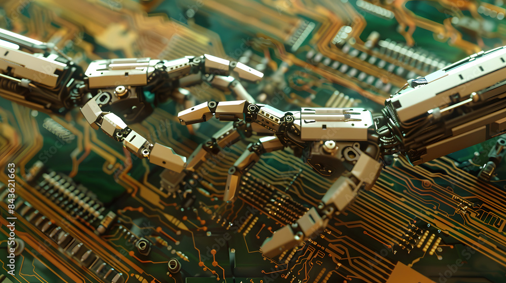 Poster a closeup of two robotic arms reaching towards each other on top of an intricate circuit board