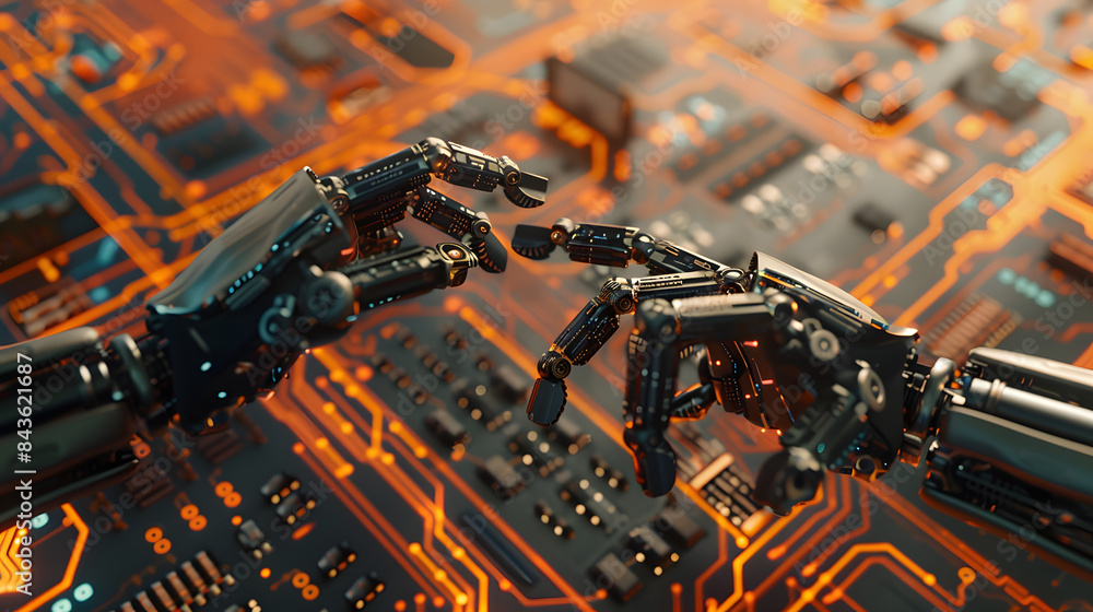 Poster a closeup of two robotic arms reaching towards each other on top of an intricate circuit board