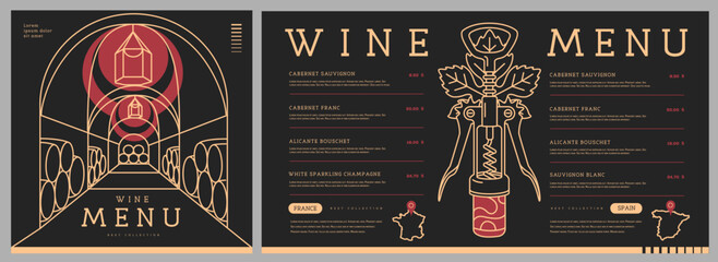 Restaurant wine menu design with wine cellar. Line art modern vector illustration