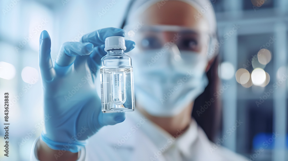 Poster a closeup shot of the scientists hand holding up an vial with clear liquid. while her face is in sha