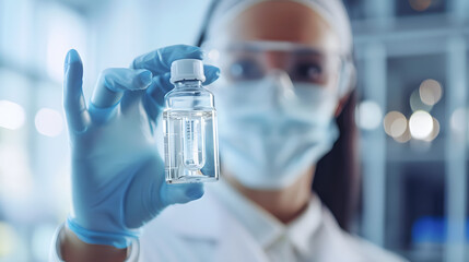 Fototapeta premium A closeup shot of the scientists hand holding up an vial with clear liquid. while her face is in sharp focus showing surprise and curiosity 