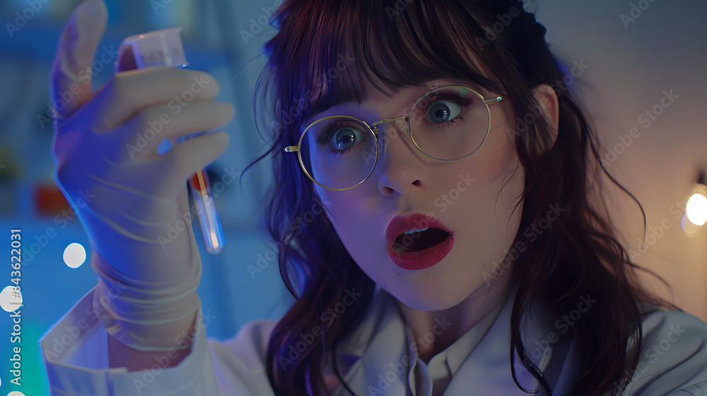 Poster a closeup shot of the scientists hand holding up an vial with clear liquid. while her face is in sha