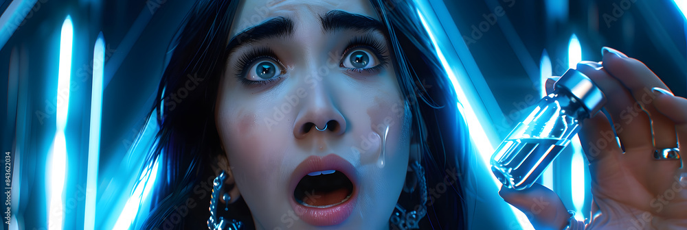 Poster a closeup shot of the scientists hand holding up an vial with clear liquid. while her face is in sha