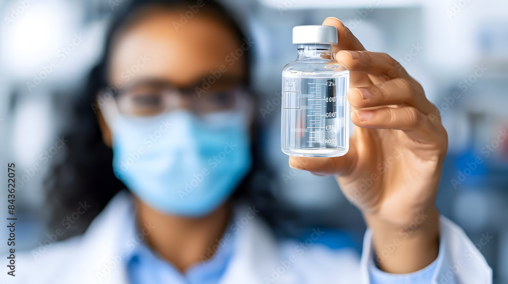 Aufkleber a closeup shot of the scientists hand holding up an vial with clear liquid. while her face is in sha
