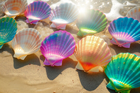 seashells on the beach,Immerse yourself in the vibrant beauty of summer with this captivating background featuring an array of bright and colorful scallop sea shells