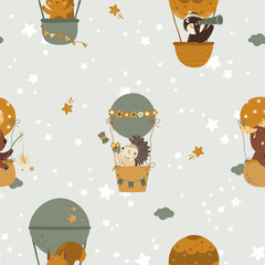 Seamless pattern. Vector illustration with forest animals. A wolf, a hare, a badger, a bear and a hedgehog are flying in balloons. Set of animals in cartoon style.