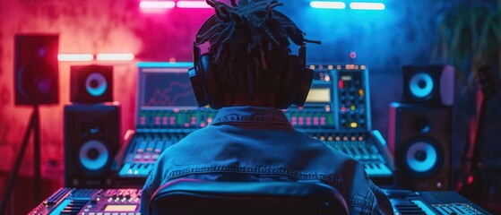 A person working on music editing in a sleek studio, stylish outfit and large headphones, from behind