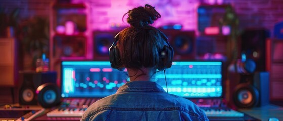 A person working on music editing in a sleek studio, stylish outfit and large headphones, from behind