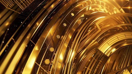 Obraz premium Luxurious golden vintage background filled with geometric shapes, arches, and swirls