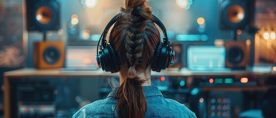 A person working on music production in a sleek studio, wearing stylish clothes and large headphones, from behind