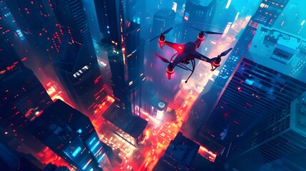 Top view of a backlit quadcopter flying over majestic skyscrapers. Brightly lit city. Concept of transport, surveillance.