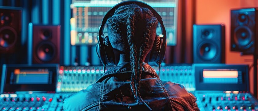 A person working on music production in a hightech recording studio, wearing trendy attire and large headphones, from behind