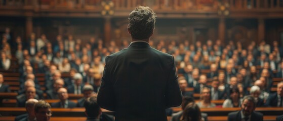 A politician addressing a large audience with a confident stance,
