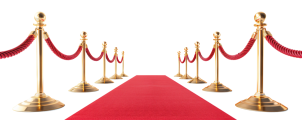 Red rope on golden stanchions with a red carpet on transparent bacakground