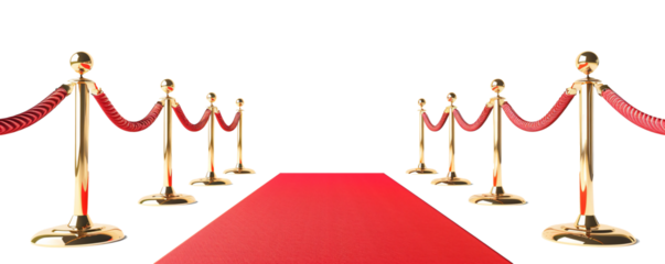 Red rope on golden stanchions with a red carpet on transparent bacakground