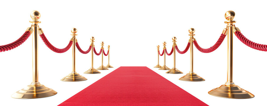 Red rope on golden stanchions with a red carpet on transparent bacakground