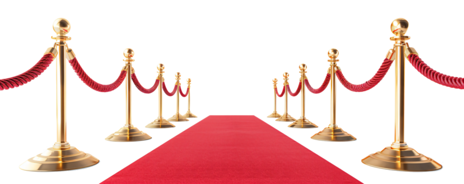 Red rope on golden stanchions with a red carpet on transparent bacakground - Powered by Adobe