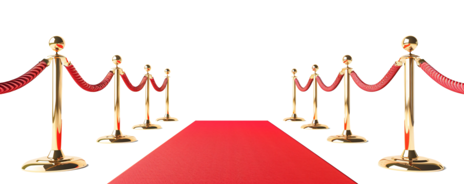 Red rope on golden stanchions with a red carpet on transparent bacakground - Powered by Adobe