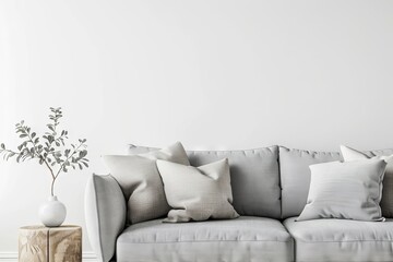 Modern Grey Sofa With White Pillows In A Minimalist Living Room