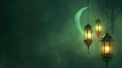 islamic lantern with crescent moon light on dark green background ramadan kareem wallpaper illustration