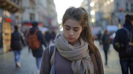 Fototapeta premium isolated exhaustion portrait of tired young woman student alone in busy city center