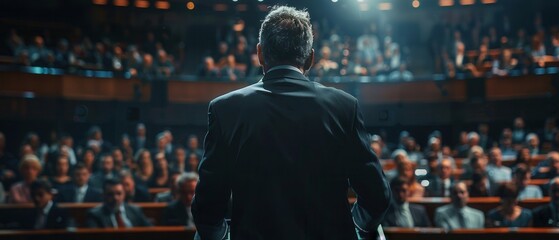 A politician on stage addressing a large gathering,