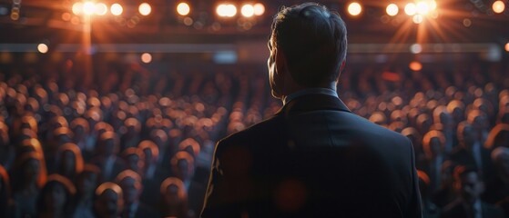 A politician on stage addressing a large gathering,