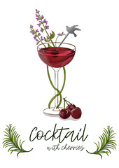 A vibrant watercolor illustration of a cherry cocktail in a coupe glass. Adorned with a stirrer and fresh cherries, with delicate purple flowers in the background. Perfect for a refreshing summer