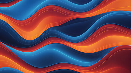 Fototapeta premium Blue and red, orange smooth refracted waves abstract background. A colorful, abstract image with a purple and orange background. ai generate