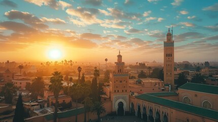 Naklejka premium majestic aerial view of koutoubia mosque in marrakech at sunrise iconic landmark photography