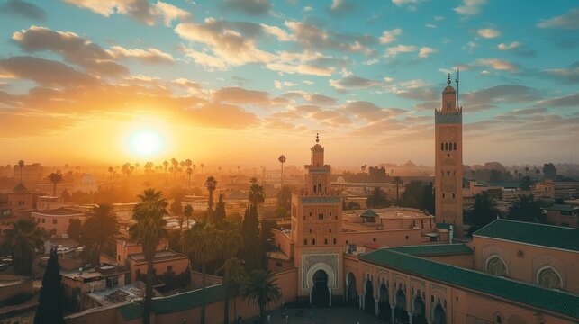 majestic aerial view of koutoubia mosque in marrakech at sunrise iconic landmark photography