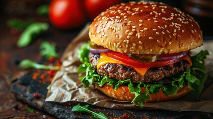 Gourmet Cheeseburger with Lettuce, Tomato, Red Onion, Pickles, and Sesame Seed Bun
