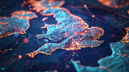 Modern map of United kingdom representing leadership in technologies and fintech sector 