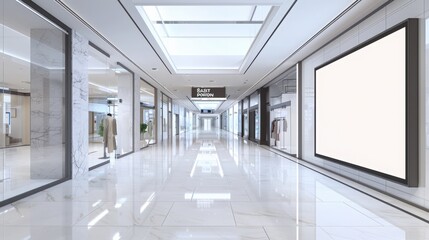 Obraz premium Retail mall or shopping district featuring a large, high-visibility advertisement board. This blank white mockup signboard offers copy space for showcasing sales and promotional advertisements