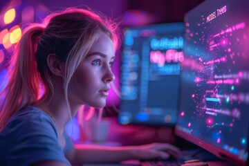 young blonde woman with pink hair working at night with a computer in night