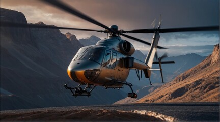 Rendering of a cargo helicopter delivering cargo to remote and rugged areas of rocky landscapes