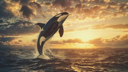 Papier peint photo intissé majestic orca breach killer whale jumping out of the sea powerful wildlife action photo